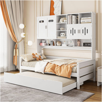 Lit de jour simple en bois avec lit gigogne simple, armoire et tablette tout-en-un, blanc