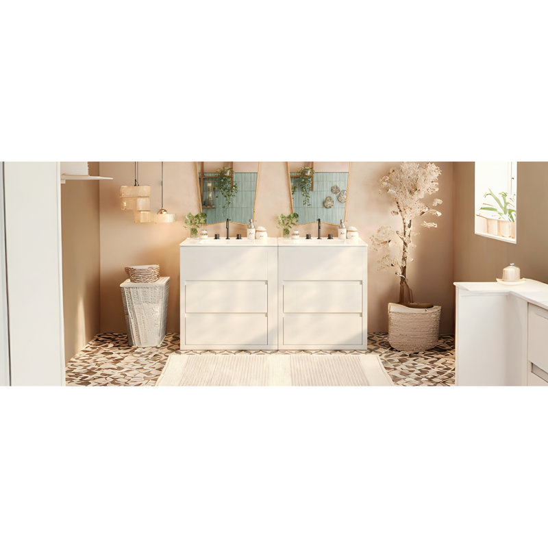 Meuble-lavabo double 60 po, deux comptoirs en céramique inclus, conception de déversement, tiroir pleine extension, finition brillante, convient aux plans de redécoration, évier à montage en douceur, pré-comptoir