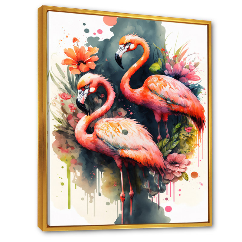 Mignon flamants roses - Peinture sur toile, H 32 po x l 24 po x P 1 po, Cadre flottant doré