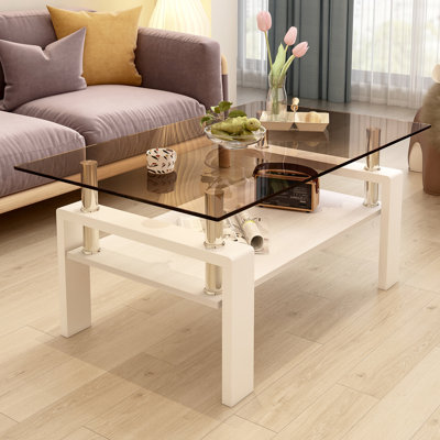 Mobilier de salon moderne: table basse en verre trempé, table de finition brune: verre, pieds en fer, l 39,2 po