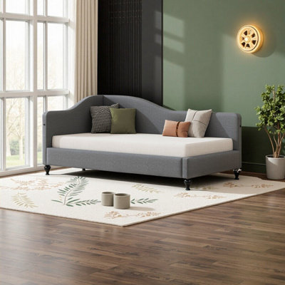 Twin Size L-Shaped Linen Daybed with Solid Wood Legs - Stylish & Functional Gray Sofa Bed for Small Spaces