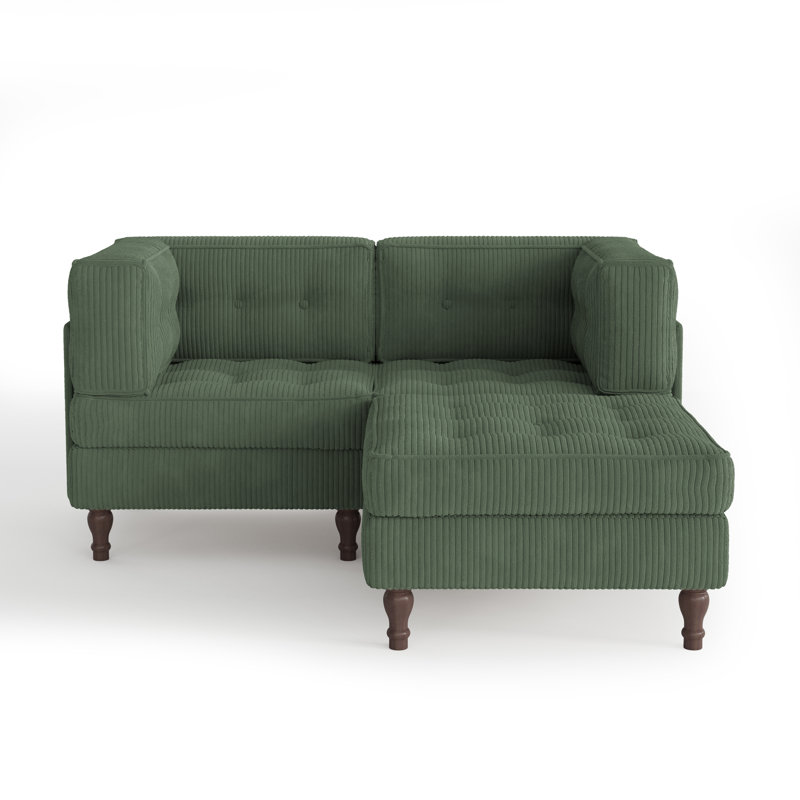 3 - Piece Upholstered Green Tufted Corduroy Modular Sectional with Pillow Back and Removable Flip-Tray Top Storage Ottoman