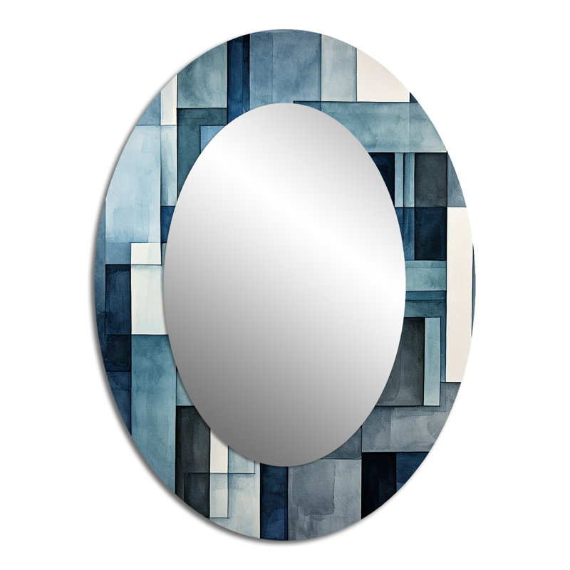 Indigo Illusion Abstract Shapes II - Gray Modern Oval Wall Mirror, 40" x 30"