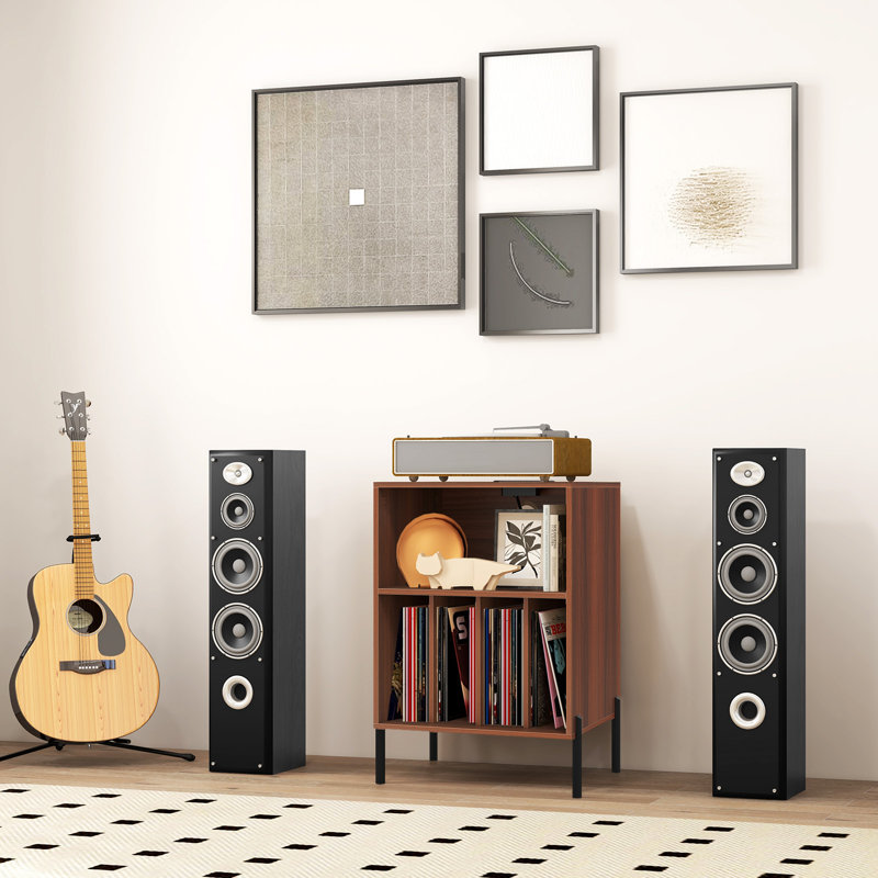 Support pour tourne-disque avec station de charge 5 compartiments de rangement anti-basculement, Noyer