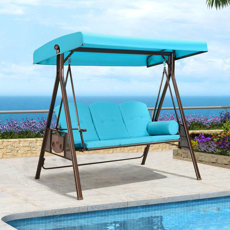 Balancelle de luxe à 3 places avec support et porte-gobelets, auvent et oreiller inclus, bleu turquoise Deluxe, Bleu