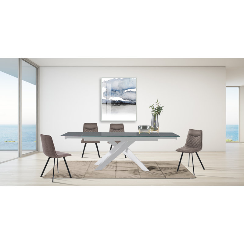 Amalan Extendable Glass Top Metal Base Dining Table, Matte Black, White