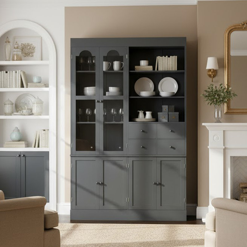 Armoire de rangement de garage autoportante 47,2 "avec huche, portes en verre, 4 tiroirs, tablettes de porte et plateaux coulissants