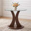 Table de salle à manger ronde moderne 2 en 1 en verre, table de cuisine sur pied central de 99 cm avec base en bois incurvée réglable, table de salle à manger peu encombrante pour 4 personnes, plateau en verre trempé et finition noyer de style milieu du siècle