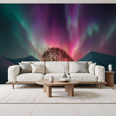 Aurora Peel and Stick Wallpaper Serene Snowy Hill Dynamic Northern Lights Sky Wall Murals 69"H x 96"W Removable PVC Wall Paper Self-Adhesive Wall Decor for Bedroom Living Room Home Office