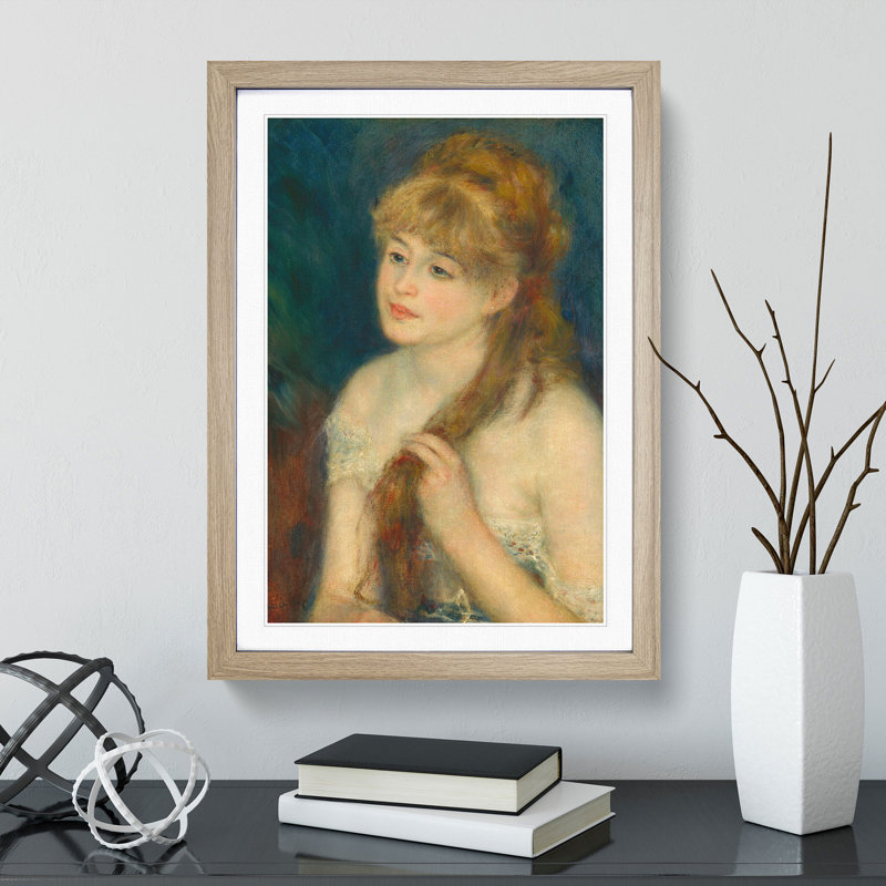 Woman Braiding Her Hair by Pierre-Auguste Renoir - Picture Frame Painting, 48cm H x 36cm W x 2cm D, Oak
