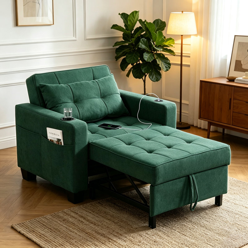 Upholstered Convertible Backrest Single Sofa Bed Accent Chair, Green