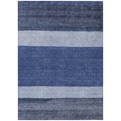 3' X 5' Navy Blue Sky Blue And Charcoal Abstract Washable Indoor Outdoor Area Rug