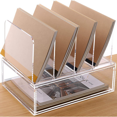 Acrylic Desk Organizer With Sliding Drawer And 4 Vertical File Holders, Clear Paper File Folder Letter Tray For Office Supplies And Workspace Organization