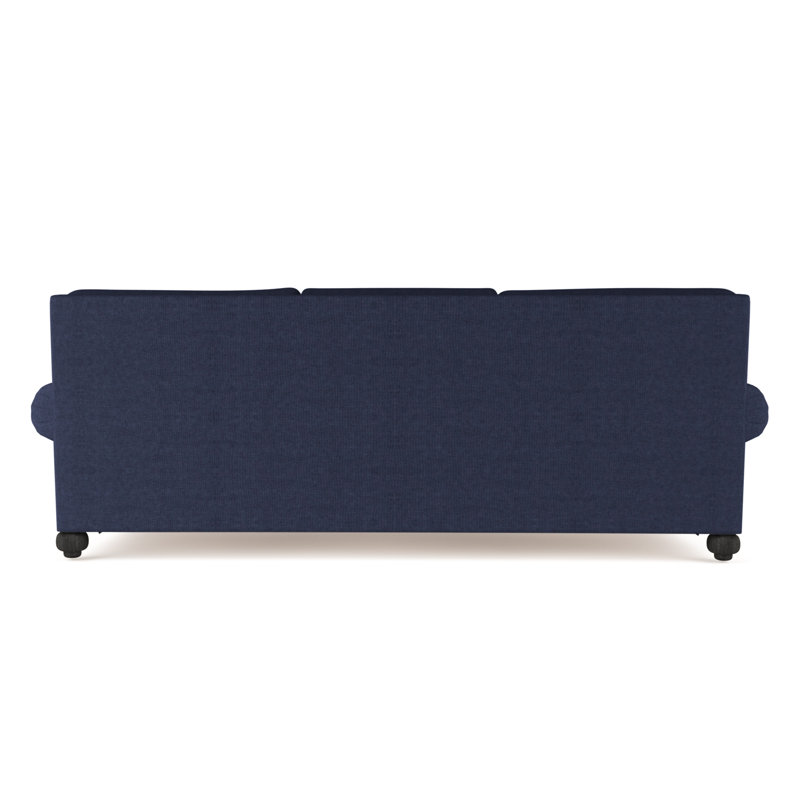Leroy Rolled Panel-Arm Sofa with Bun Feet, 36" H x 84" W x 49" D, Plush Velvet Blue Print, Ebony