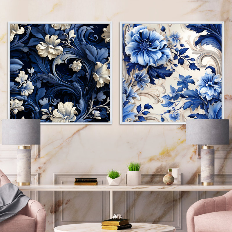 Gussie - Ensemble de 2 collages carrés floraux, Cadre flottant blanc, H 30 po x l 61 po