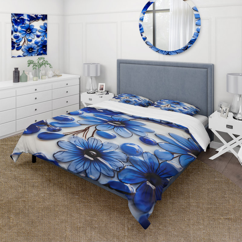 Ensemble de housse de couette Flower Blue Botanical Mosaic I - Abstract Botanicals, Housse de couette pour grand lit