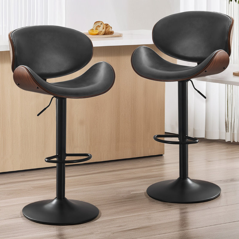 Bentwood Swivel Adjustable Height Bar Stools, Faux Leather Upholstered Barstool with Metal Frame (Set of 2, Gray), Gray, 2