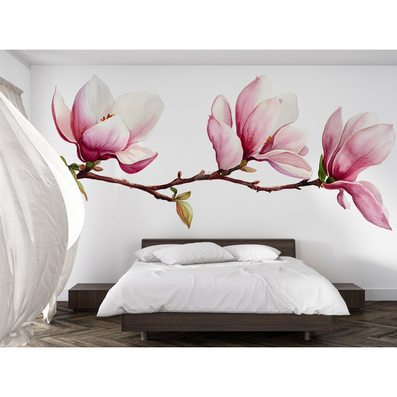 Adhésif décoratif fleur de magnolia - branche murale aquarelle au-dessus du lit, grand art mural floral pour chambre à coucher 073Mv