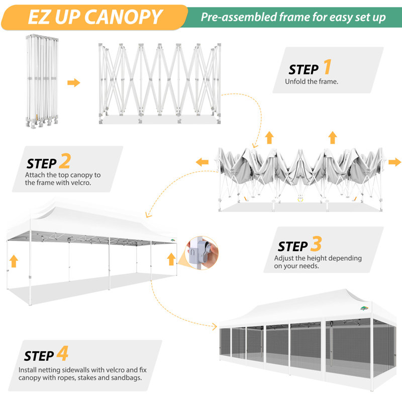 30 Ft. W x 10 Ft. D Pop up Gazebos with 8 Mosquito Netting Sidewalls, White