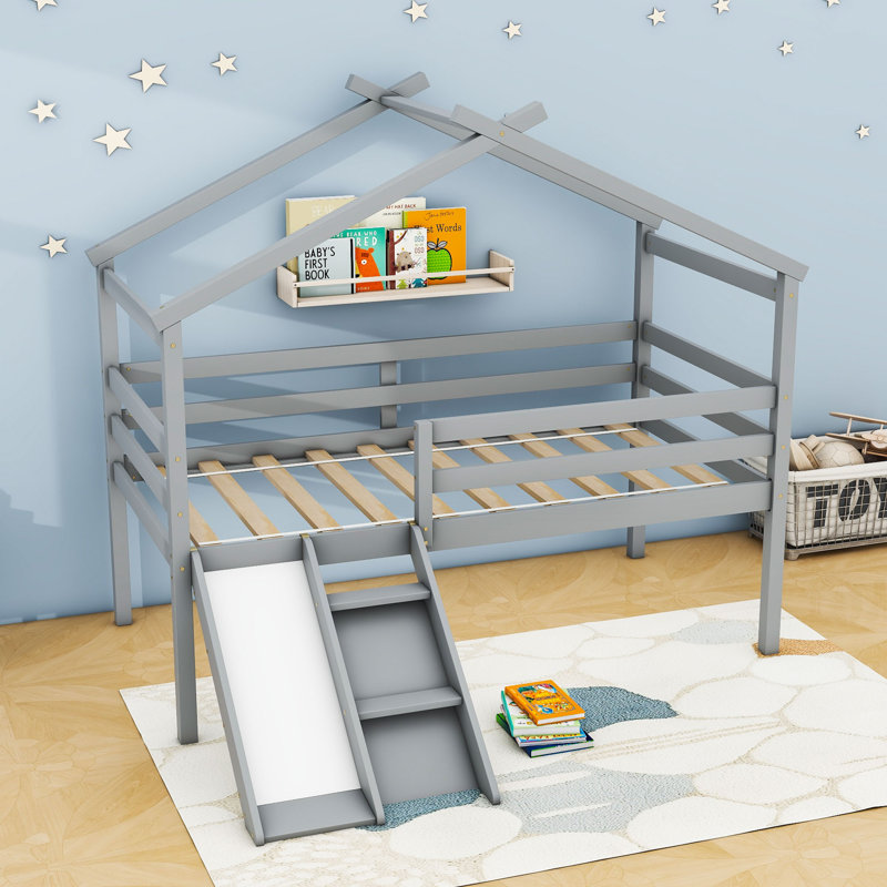 Lit mezzanine simple en bois avec glissoire et échelle, gris