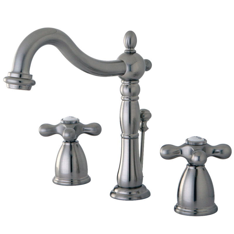 Kingston Brass Heritage Two-Handle 3-Hole Deck Mount Widespread Bathroom Faucet with Pop-Up Drain, Brushed Nickel