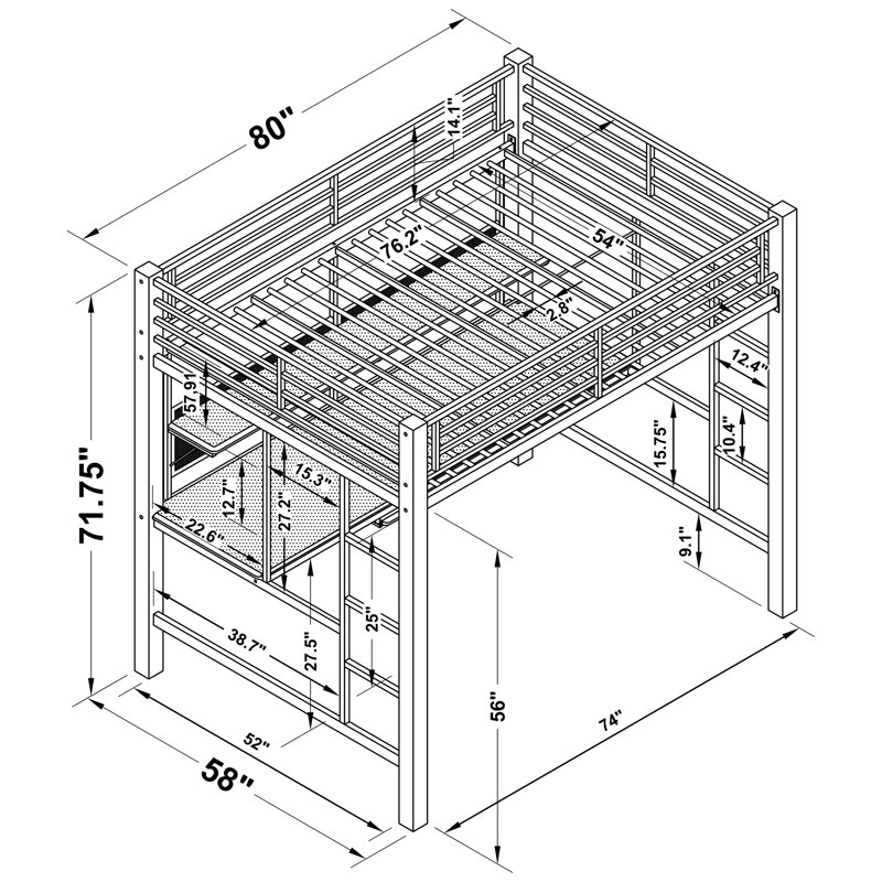 Lit mezzanine en métal noir avec espace de travail, plateau à clavier et tablettes de rangement pour lit de poste de travail double, espace de travail combinant les fonctions