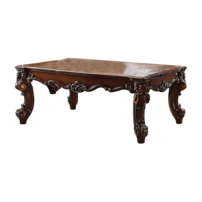 Genivra Coffee Table, 36 Inch Rectangular Top, Scrolled Legs, Brown, Cherry Brown