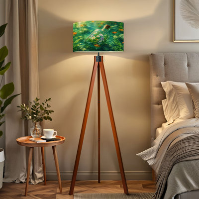  Lampe sur pied à trépied avec bouteille en verre décorative Fleurs colorées Flottant Sunlit Stream Lampe de plancher à DEL à intensité variable avec pieds en bois de hêtre et abat-jour en lin détachable pour salon et chambre à coucher