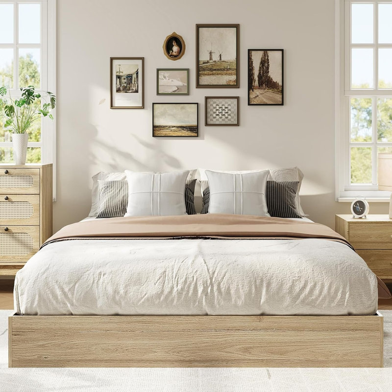 Lit plateforme en bois massif avec lattes de bois robustes, base de lit autoportante, Double, Or