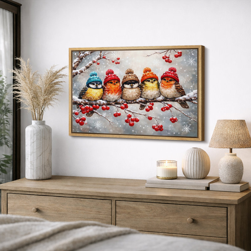 «Winter Birds», art de scène enneigée, impression sur toile, Cadre naturel, H 24 po x l 36 po x P 1,5 po