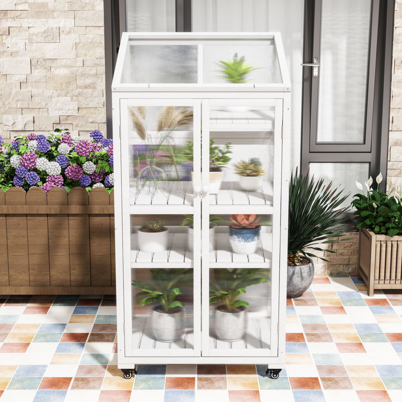 Portable Wooden Greenhouse Cold Frame with Adjustable Shelves, Wheels and Openable Roof, White
