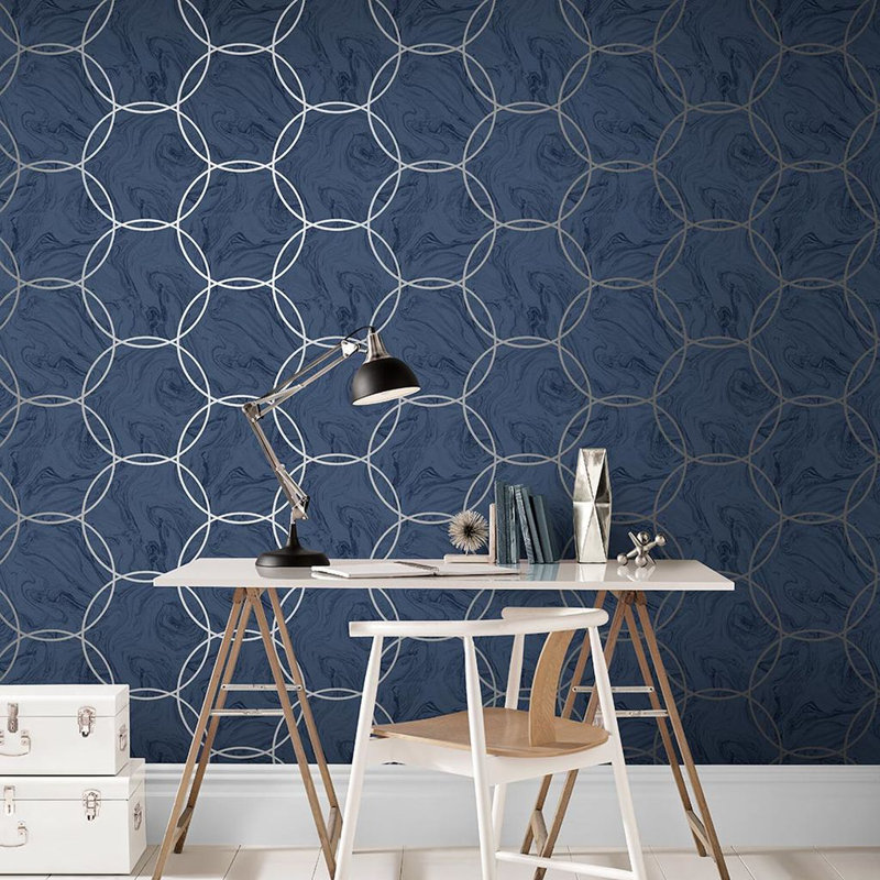 Aqueous Geometric Metallic Wallpaper Roll, Cobalt
