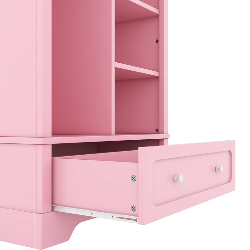 Garde-robe rose pour enfant à profil bas avec tringle, tablettes ouvertes et grand tiroir, garde-robe ouvert facile d'accès pour chambre d'enfant