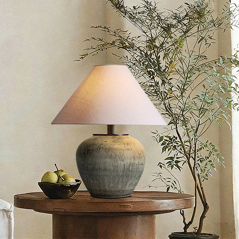 Handcrafted Earthenware Table Lamp With Linen Shade – Rustic Farmhouse Accent Lamp With Included Bulb For Bedroom Or Living Room