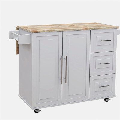 Kitchen Island with Spice Rack, Towel Rack and Extensible Solid Wood Table Top-White
