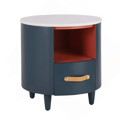 Modern Round Curved Design Nightstand With Storage Drawer And Open Storage Shelf For Bedroom Living Room