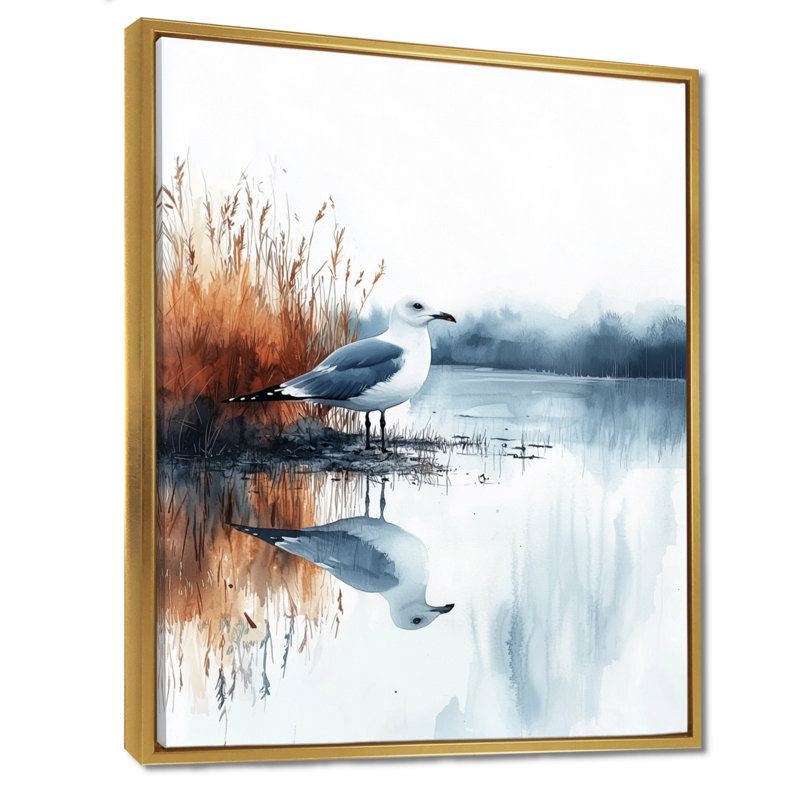«Avdie Seagull By The Farm Pond», art mural oiseau pour le salon, H 40 po x l 30 po, Impression encadrée flottante, Doré