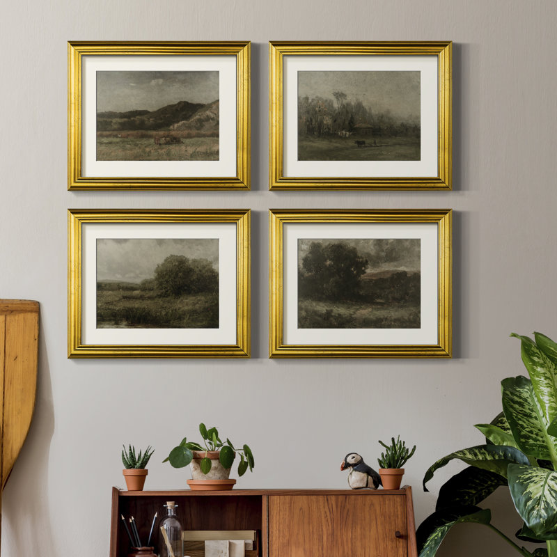 Paysage rétro vintage Lxxxxi - mat et encadré sous verre, ensemble de 4, grand art mural de salon, H 16 po x l 20 po