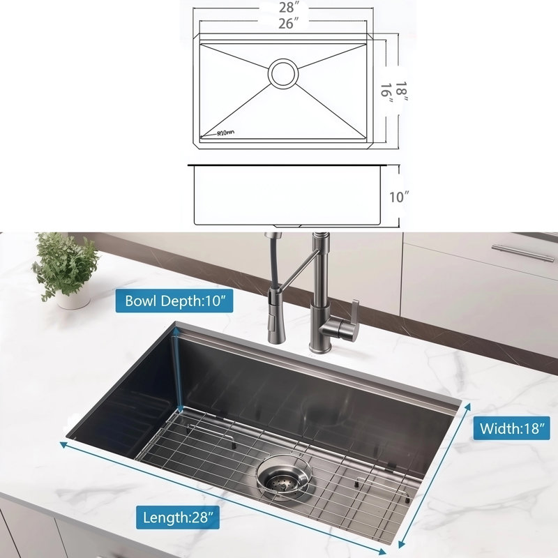 Évier de cuisine encastré en bronze et acier inoxydable noir, lavabo simple encastré à la main à rayon R10 de 10 po avec accessoires