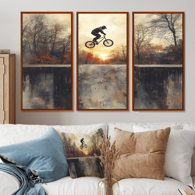 «Black Street Bmx Bike Tricks - Cycling», ensemble d'art mural, H 28 po x l 36 po x P 1 po, Toile avec cadre flottant brun