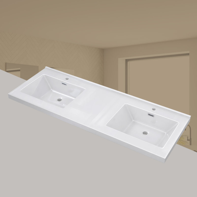 60 Inch Solid Surface Double Sink Bathroom Vanity Top with Integrated Dual Sinks, Bright White 2" Thick Countertop, Raised Edge & Backsplash