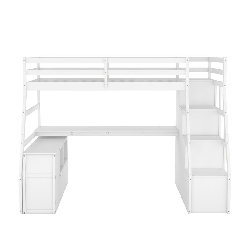 Lit mezzanine avec 7 tiroirs, 2 tablettes et un bureau, Lit simple, Blanc