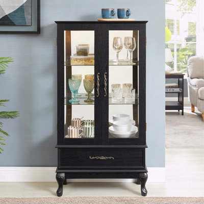 Lighted Curio Cabinet with Glass Doors, Drawer, and Adjustable Shelves