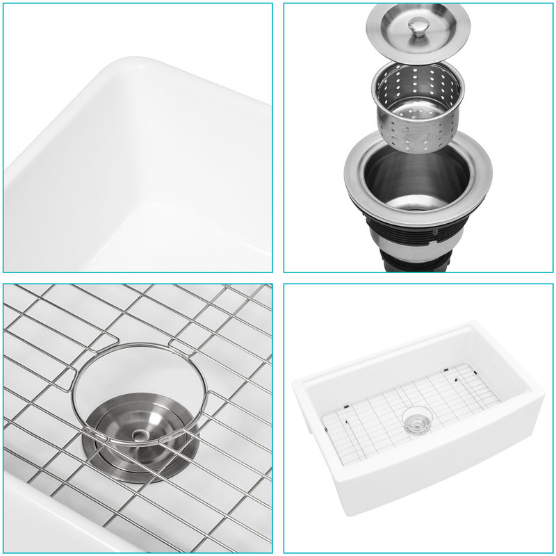 White Ceramic 33" Single Bowl Sink Workstation - Build, Resistance To Scratches And Discoloration, Space With Front & Back Ledges, Easy Clean, Deep Basin, Comes Dish Grid, Basket Strainer, Cutting