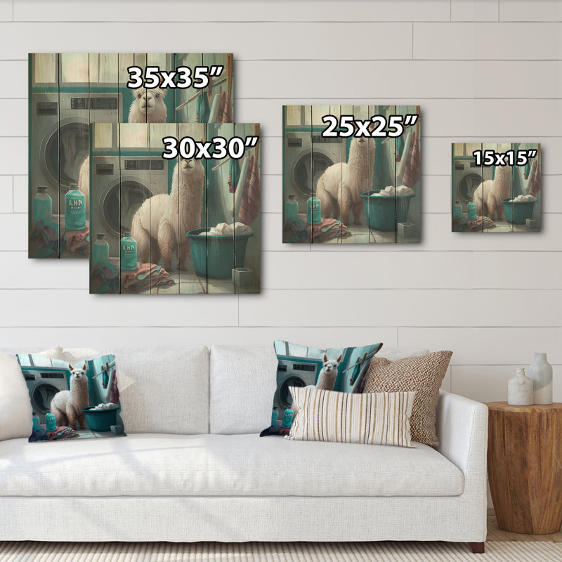 «Ingama Llama In Laundrey Room», reproduction sur bois sans cadre, H 36 po x l 36 po x P 1,5 po