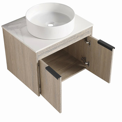 24-Inch Design Floating Bathroom Dressing Table with Ceramic Basin Set, Wall-Mounted White Oak Dressing Table with Door