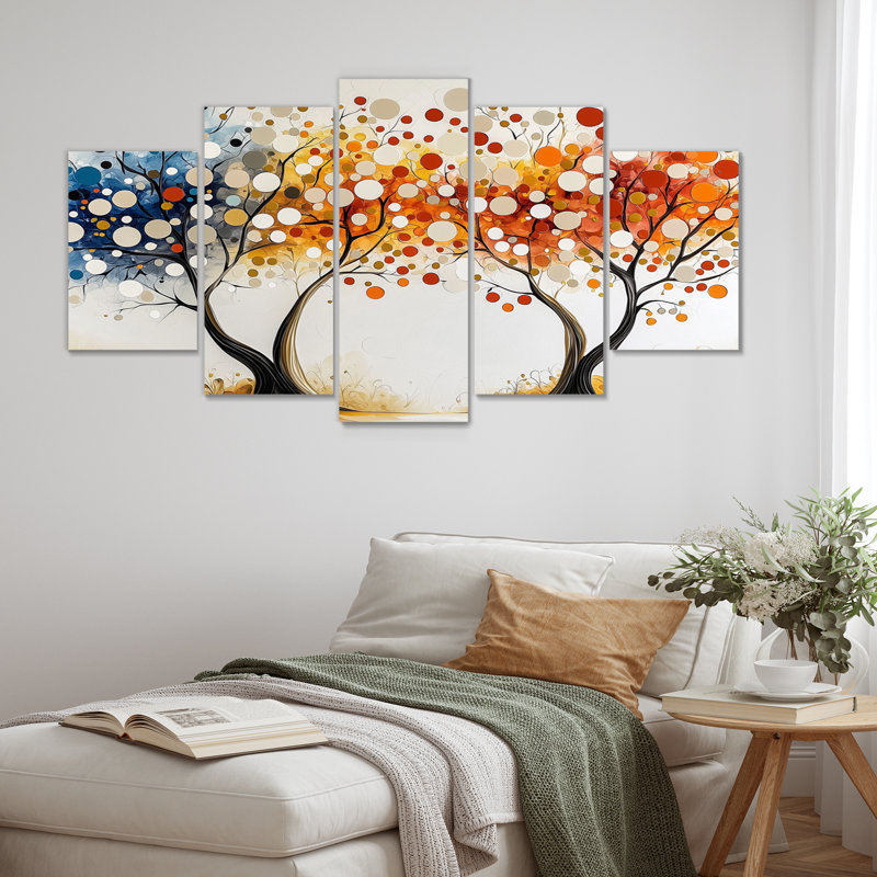 Automne orange et bleu, arbre, saisons, reflets IV - ensemble abstrait d'art mural Mid-Century