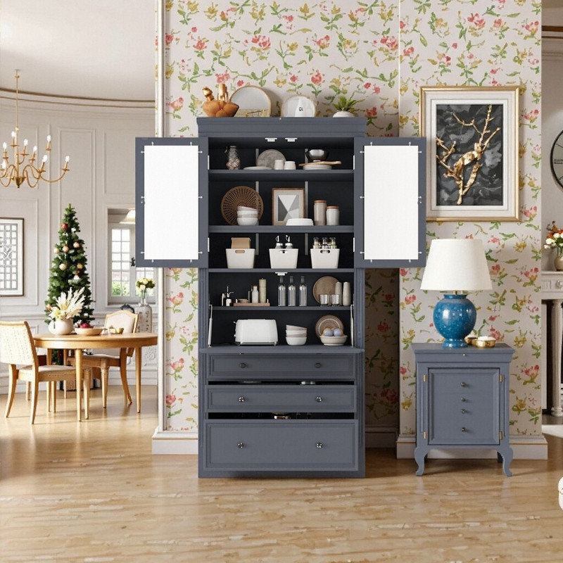 78" Freestanding Kitchen Pantry Cabinet With Power Outlet 3 Drawers & Adjustable Shelves, Grey