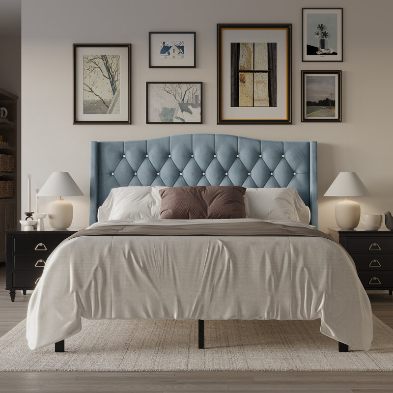 Lit plateforme tapissier Dwayn, Bleu pastel, Grand