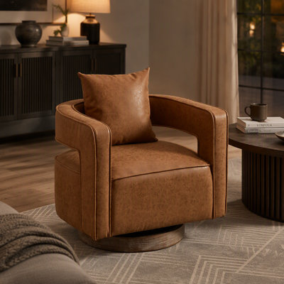 Fauteuil pivotant d'appoint à dossier ouvert, style tonneau, avec base patinée, idéal pour les salons et les hôtels.